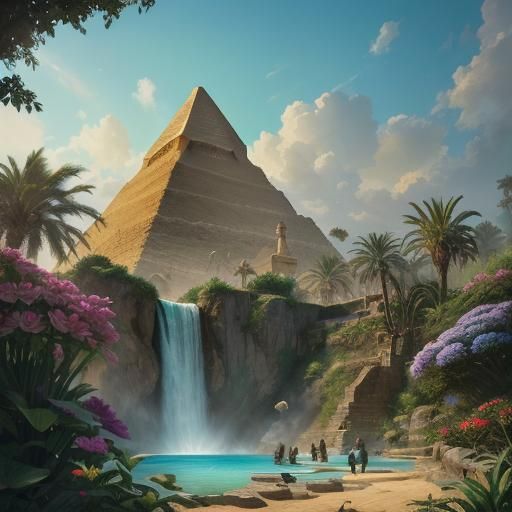 Egyptian Sphinx and Pyramid with Exotic Flowers