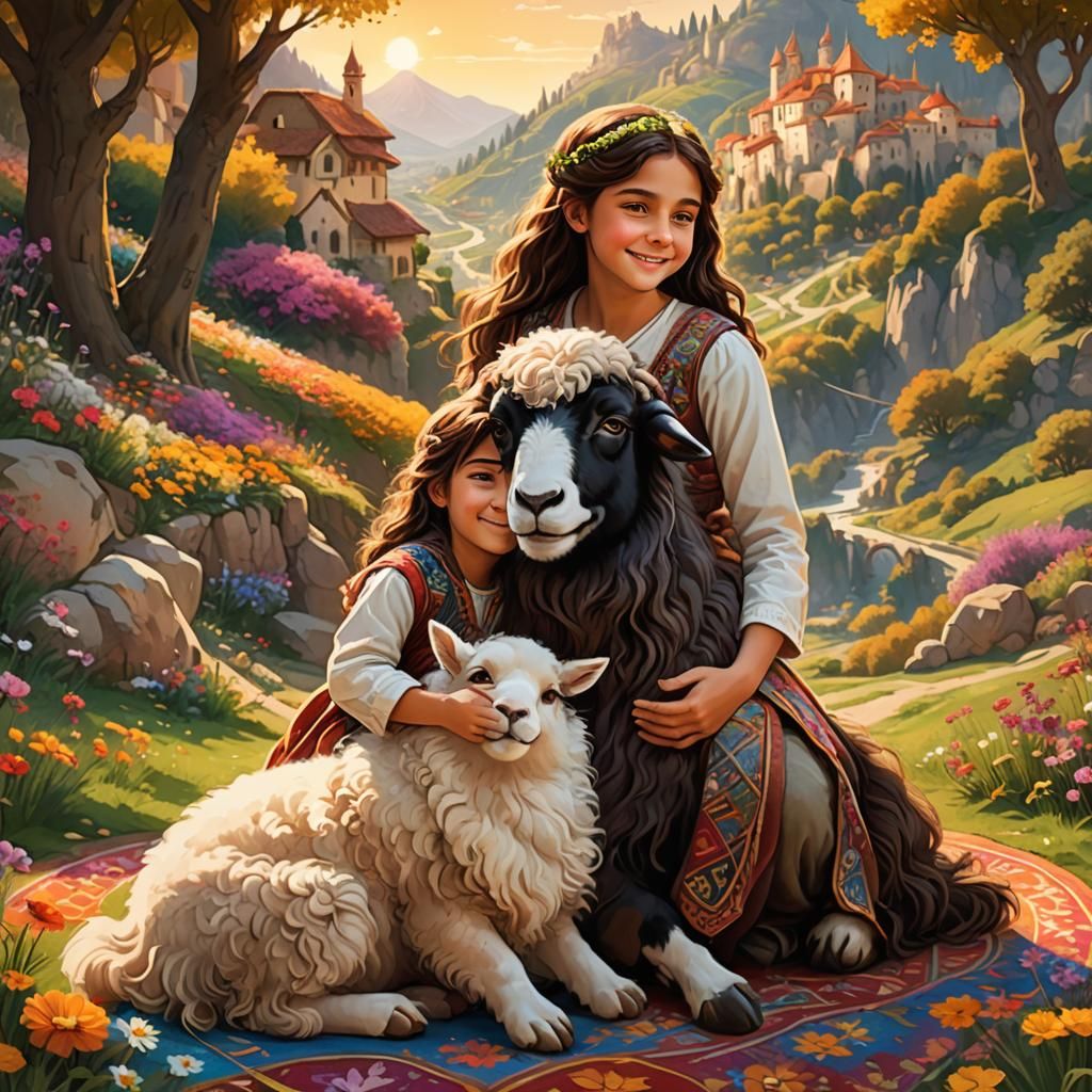 Italian Renaissance Children with Sheep: Detailed Matte Pain...