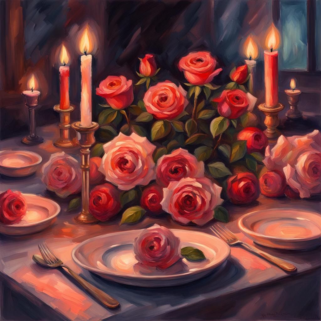 Romantic Candlelit Dinner in Gouache Watercolor Style