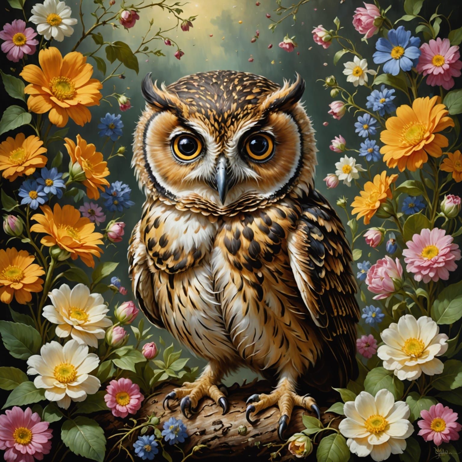 Cute Baby Owl Among Flowers in Detailed Oil Painting Style