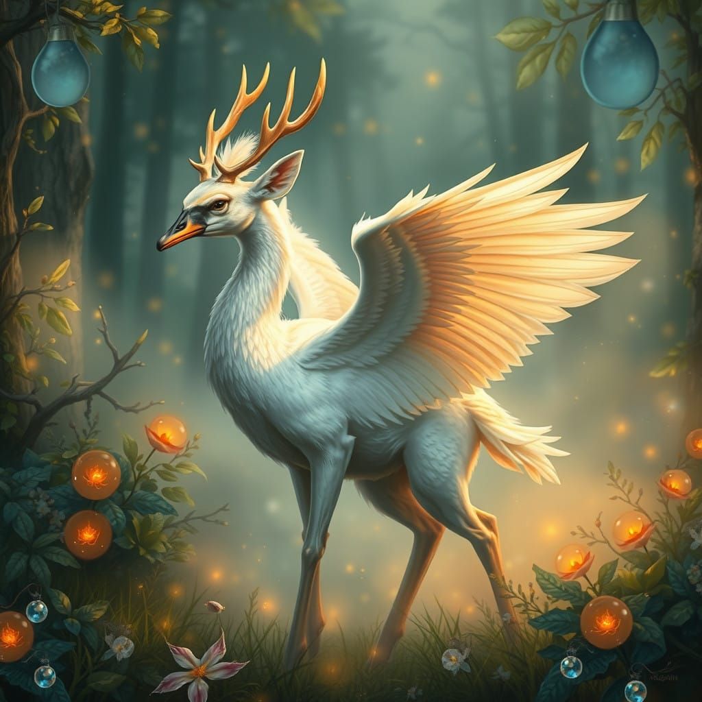 Enchanted Swan Fawn Hybrid in a Dreamlike Forest