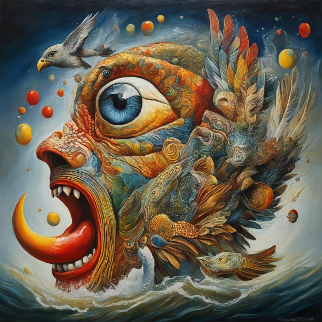 Surreal Figure Merging with Animal in Dreamlike Oil Painting