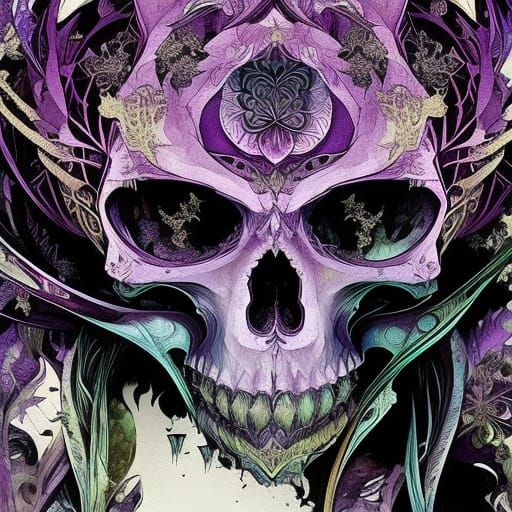 Intricate Purple Skull Digital Painting with Black Outlines