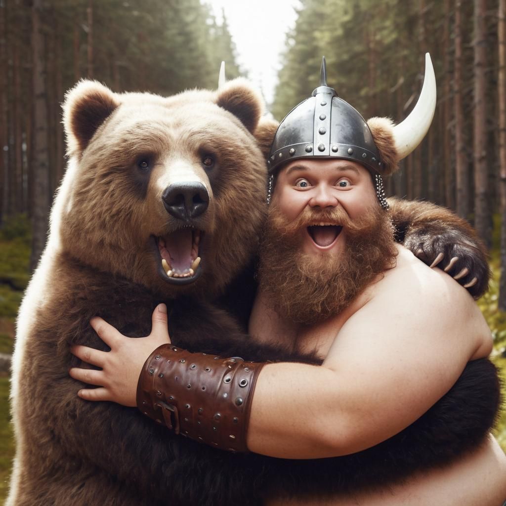 Surprised Bear and Viking Hugging in Forest
