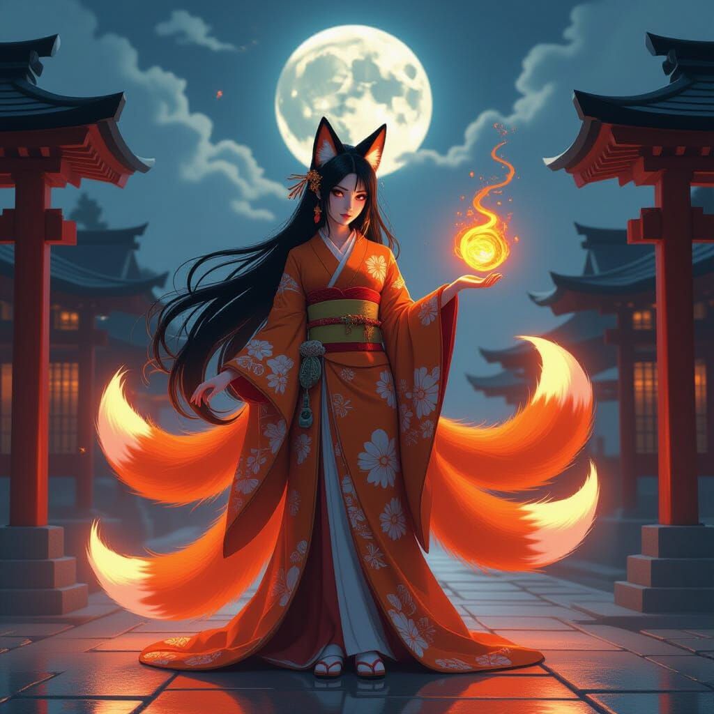 Kitsune Woman in Shinto Shrine: Digital Art
