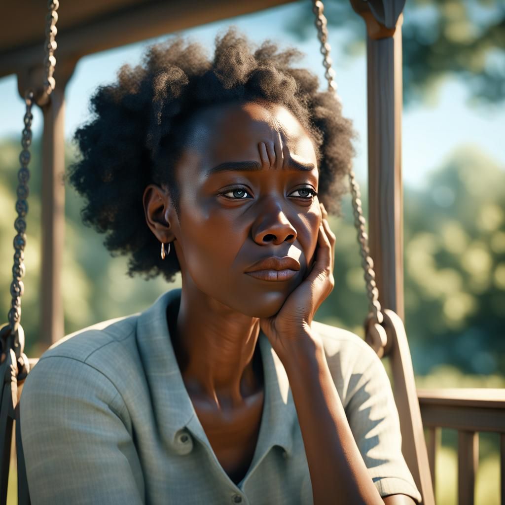 Crying Woman on Porch Swing: Hyperreal 3D Image