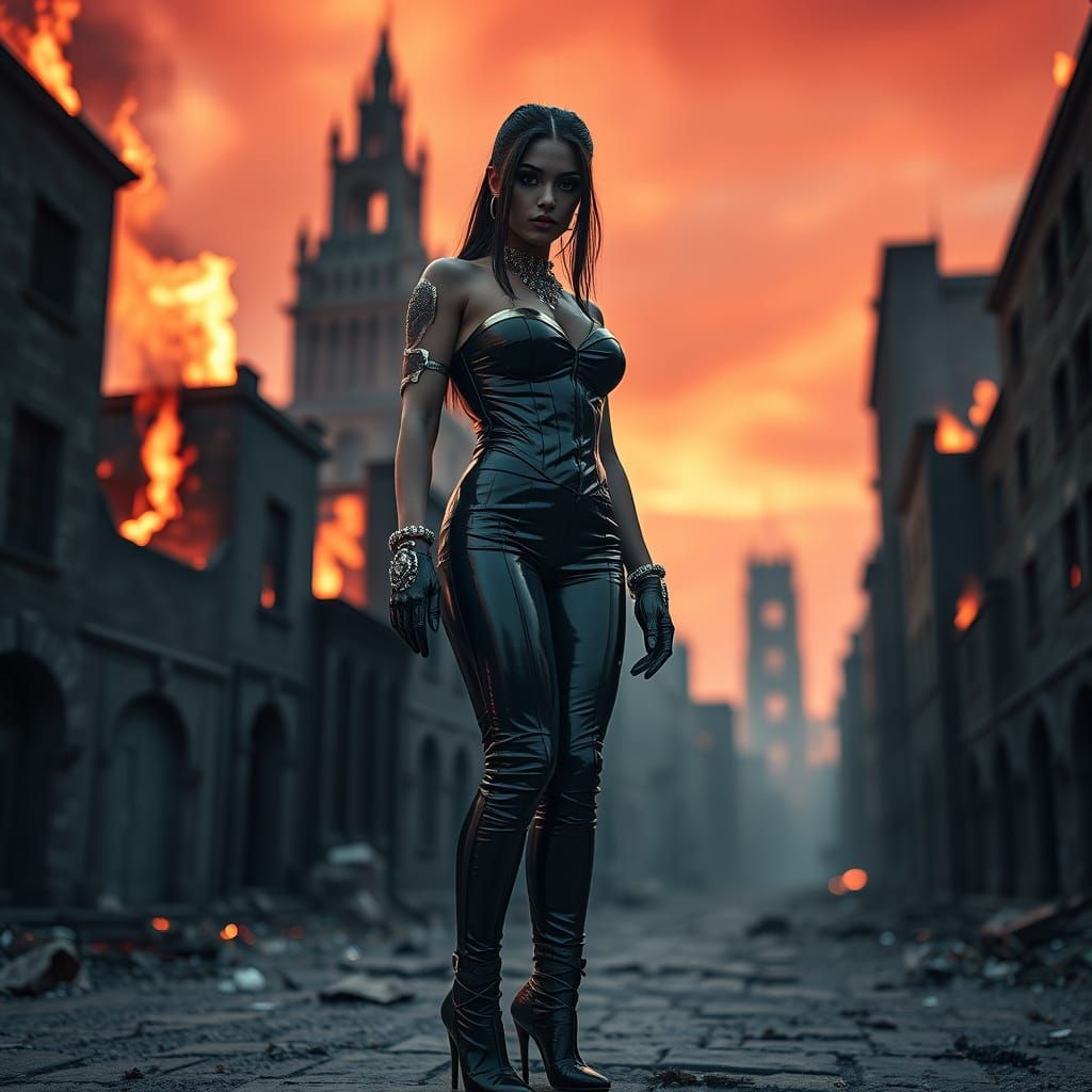 Sleek Dominatrix in Flaming Urban Landscape
