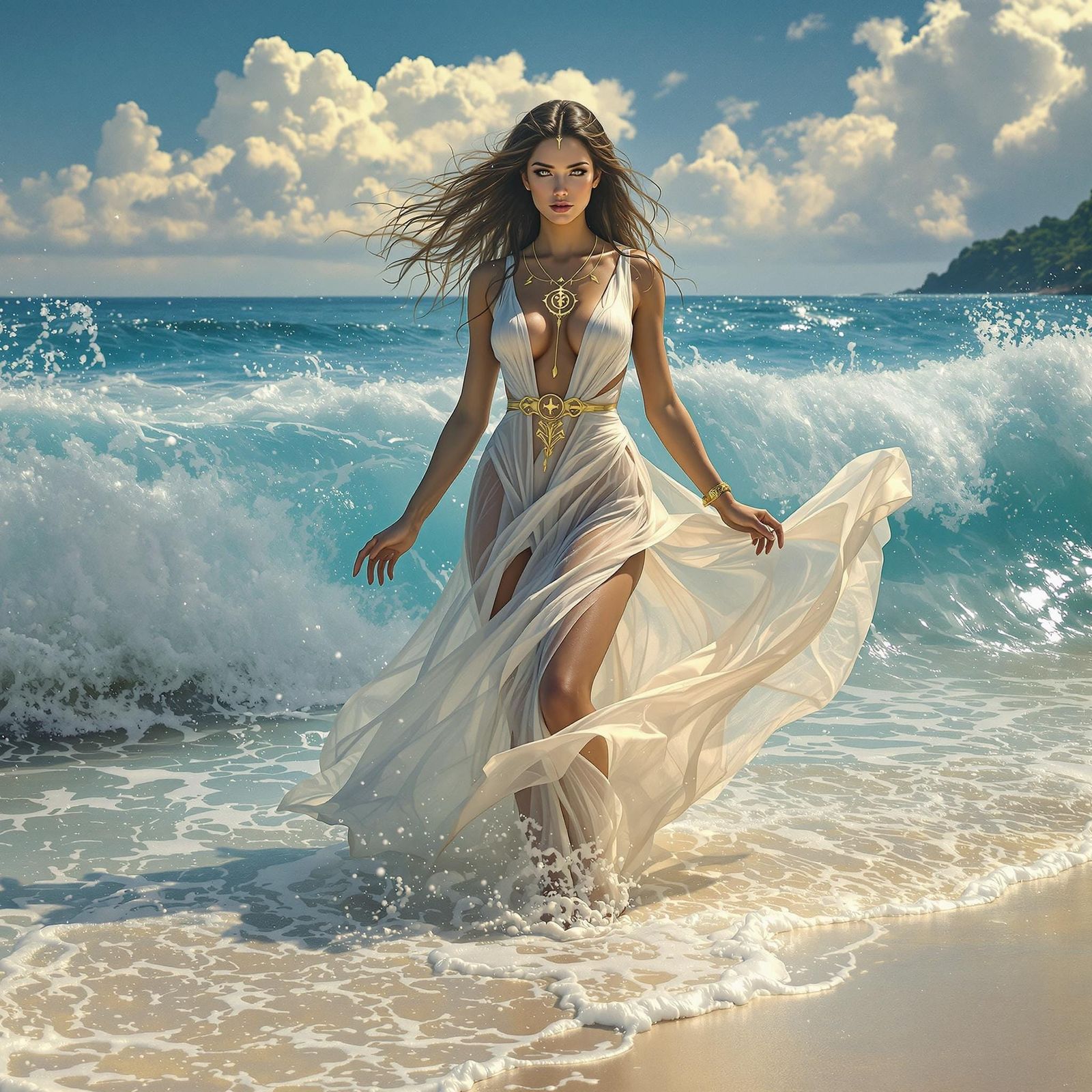 Ethereal Woman Emerges from the Ocean in a Paradisiacal Sett...