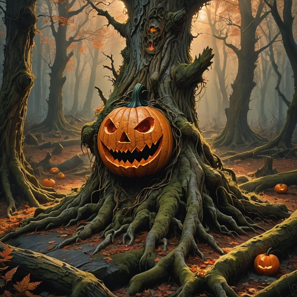 Grotesque Jack-O'-Lantern in Autumn Forest, Horror Art