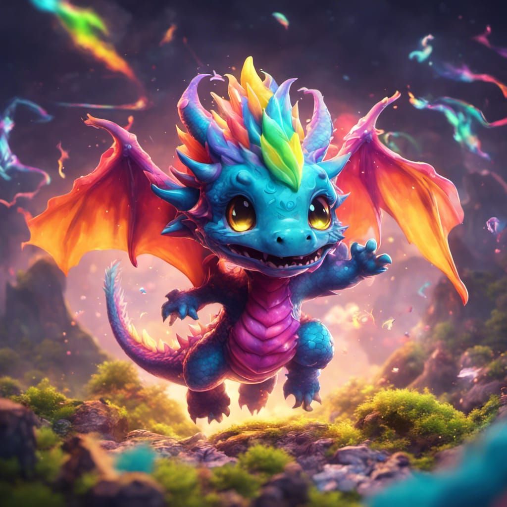 Radioactive Rainbow Chibi Dragon: Detailed Digital Art