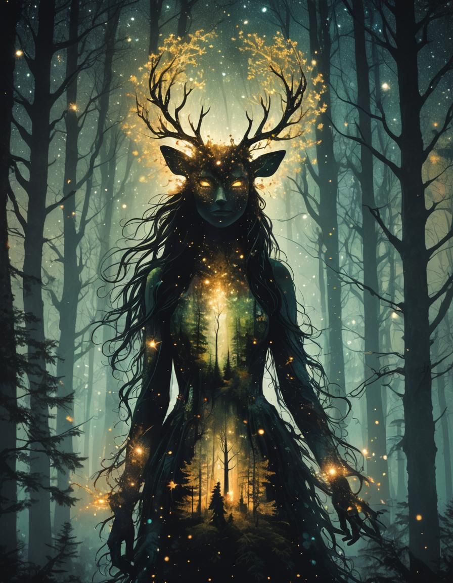 Glowing Forest Spirit Double Exposure Collage Art
