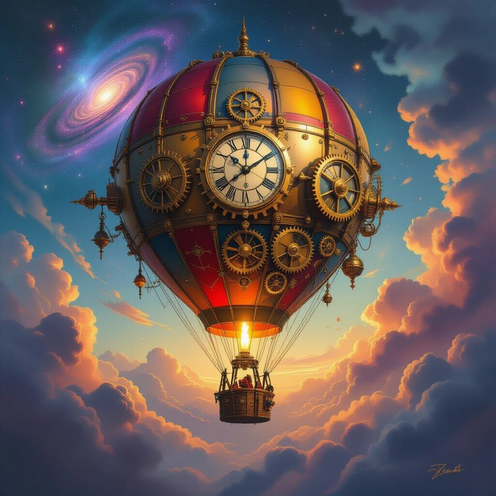 Steampunk Hot Air Balloon in Cosmic Nebula