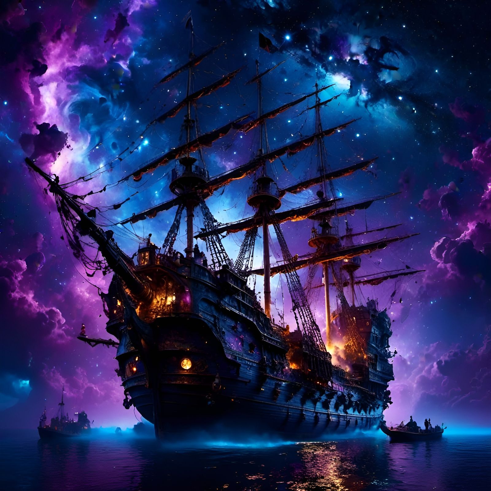Shadowy Pirate Ship Sailing Nebula in Dreamlike Fantasy