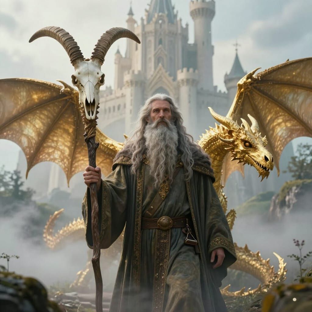 Druid and Golden Dragon Guarding Castle in Ethereal Light