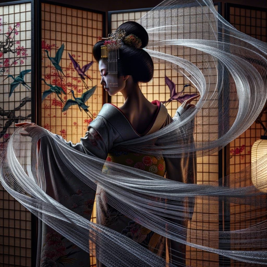 Caucasian Geisha with Silver Threads and Cranes
