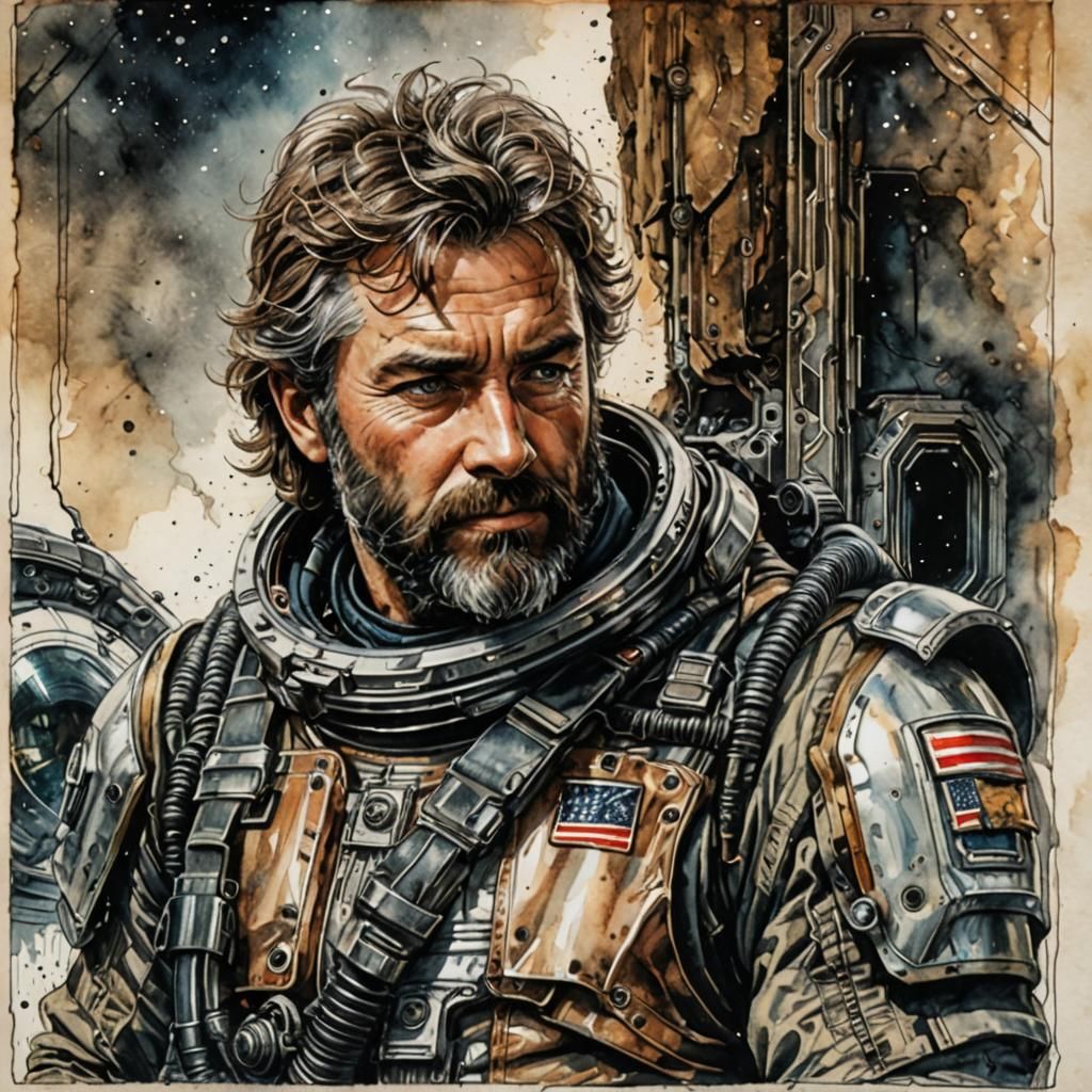 Grizzled Spacer in Retro-Future Suit: Mixed Media Portrait
