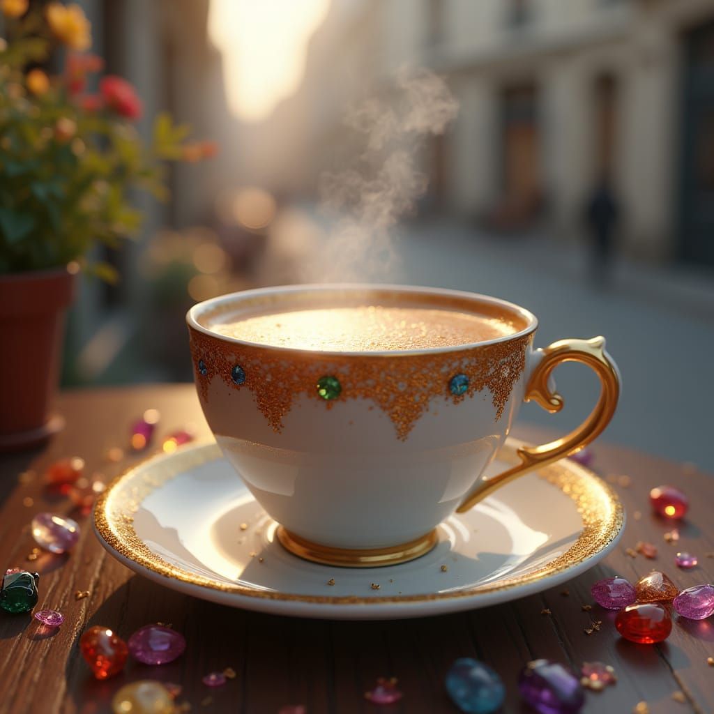 Steaming Parisian Café Adorned with Edible Gold Dust and Gem...