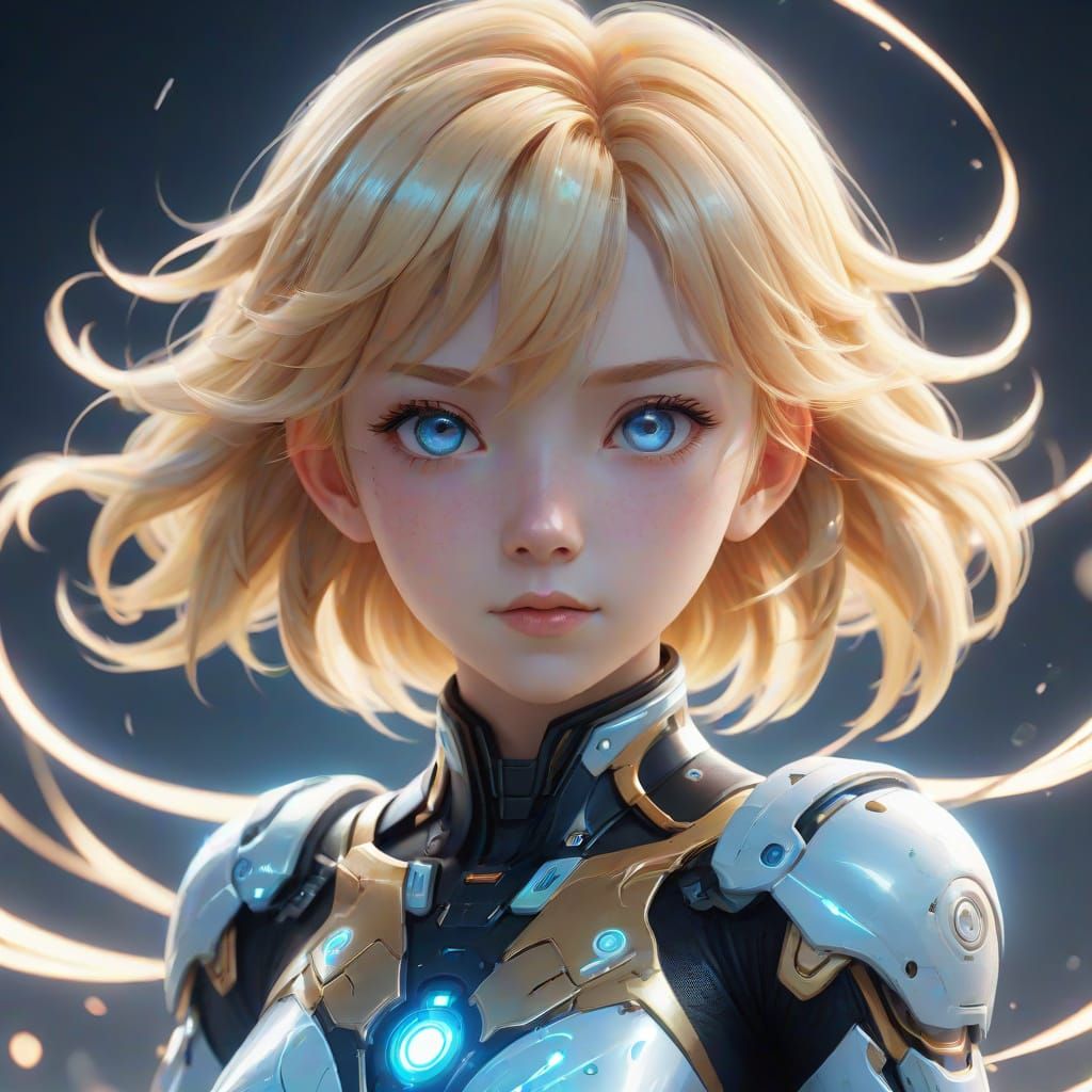 Cute Android Woman with Telekinetic Powers in a Gust of Wind