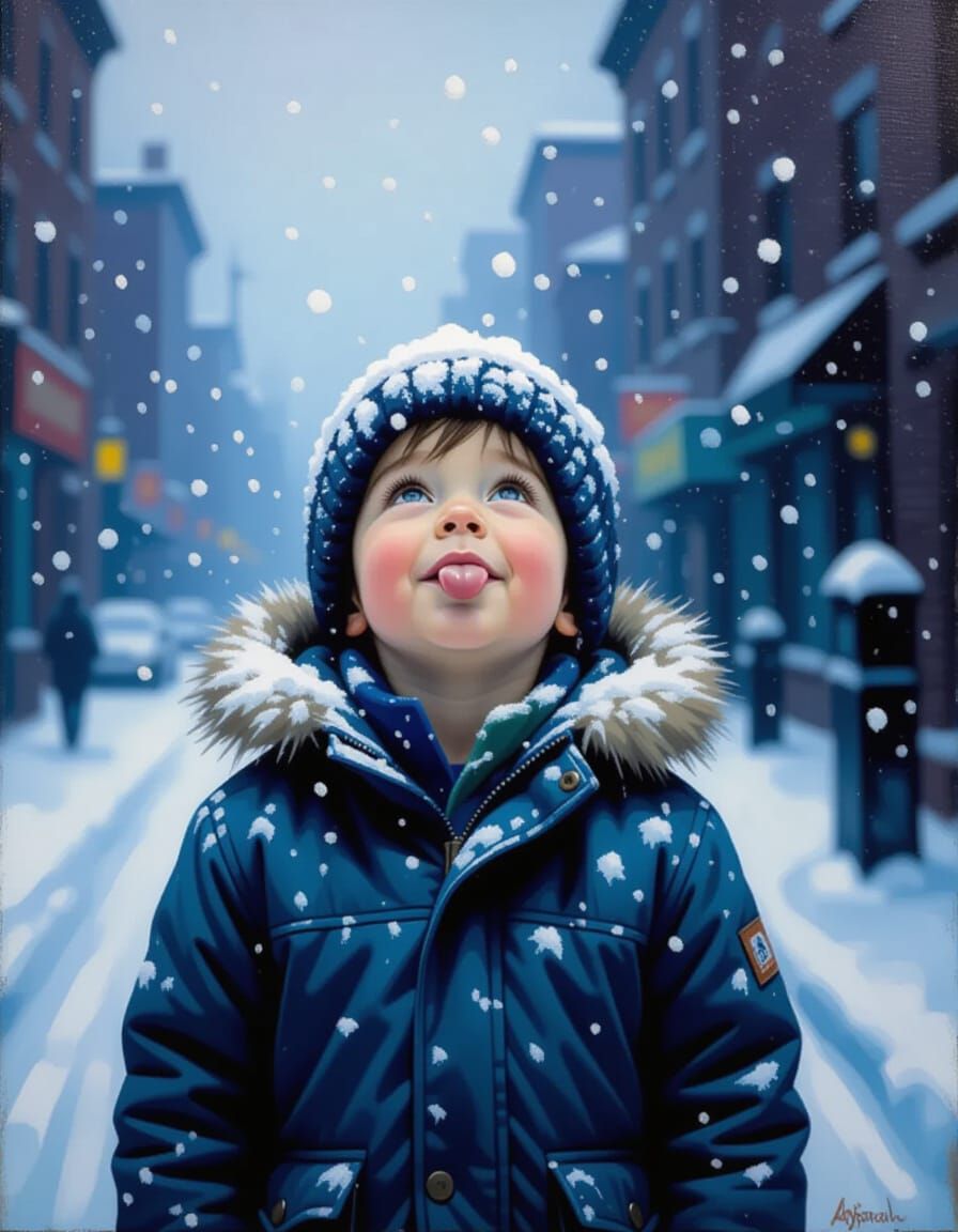 Child Delighted by Snowfall in Grungy Oil Painting Style