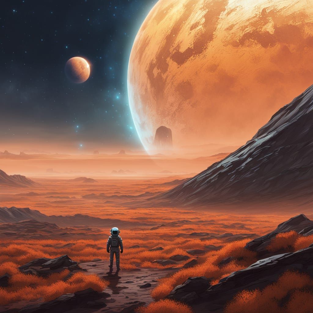 Astronaut on Alien Planet Under Ethereal Autumn Moon