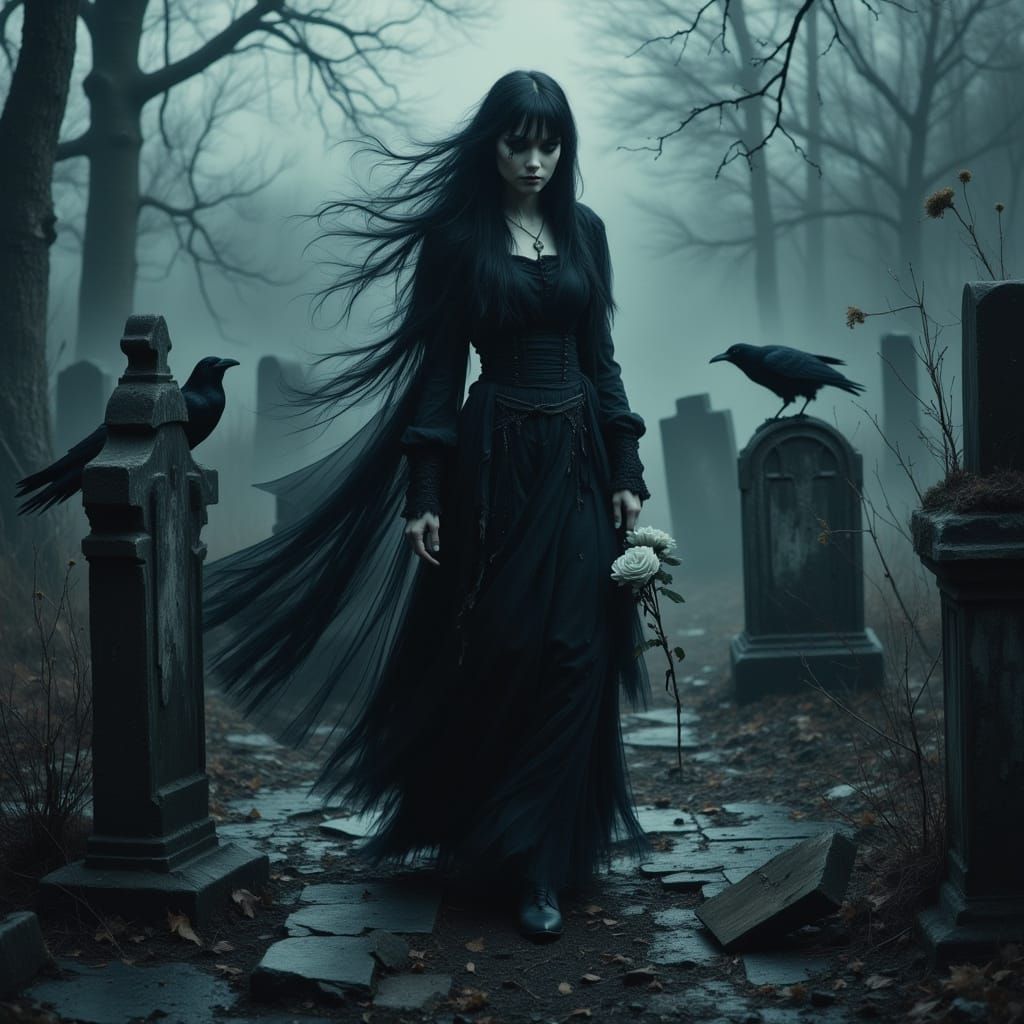 Victorian Woman in Graveyard with Ravens