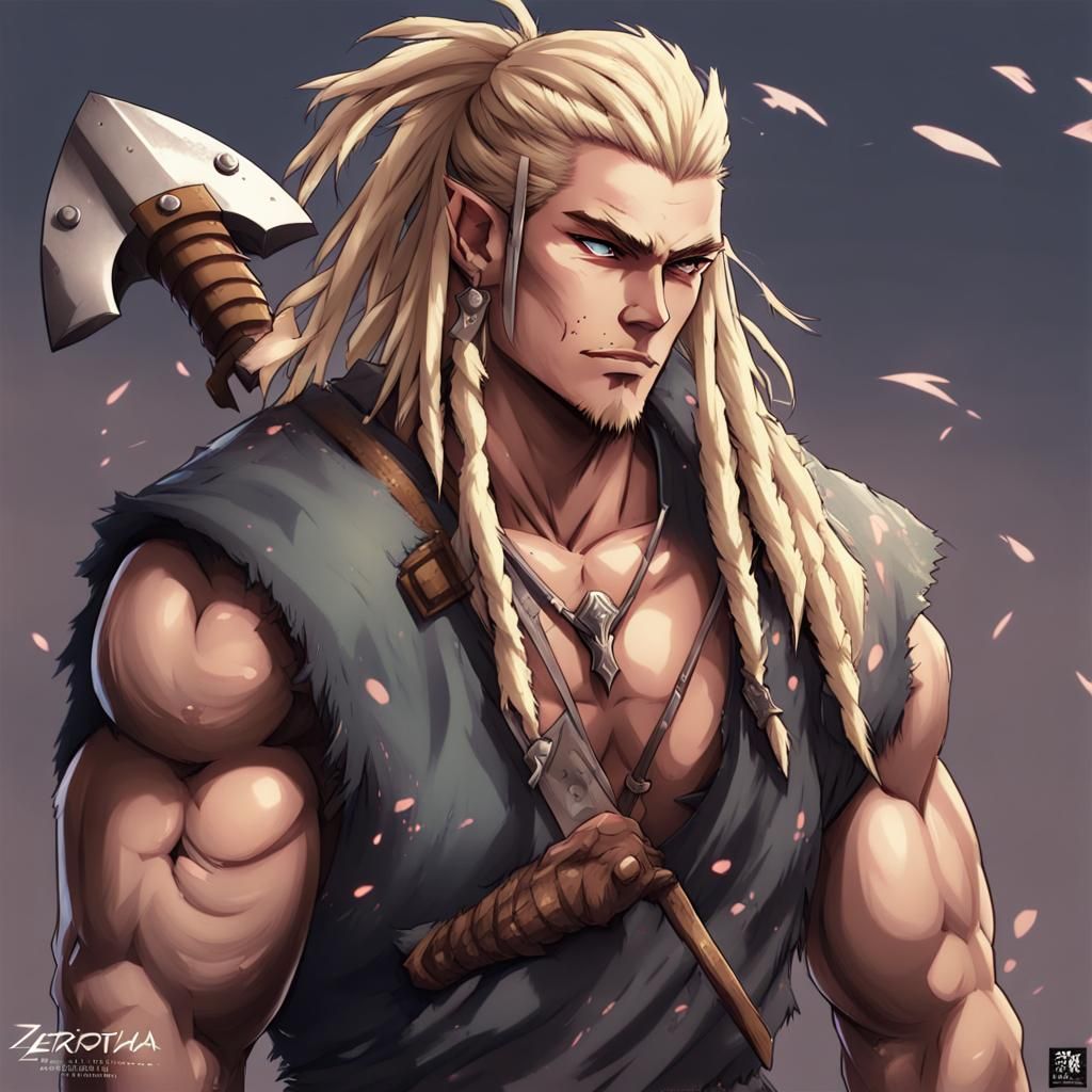 Barbarian Warrior with Axe in Anime Style