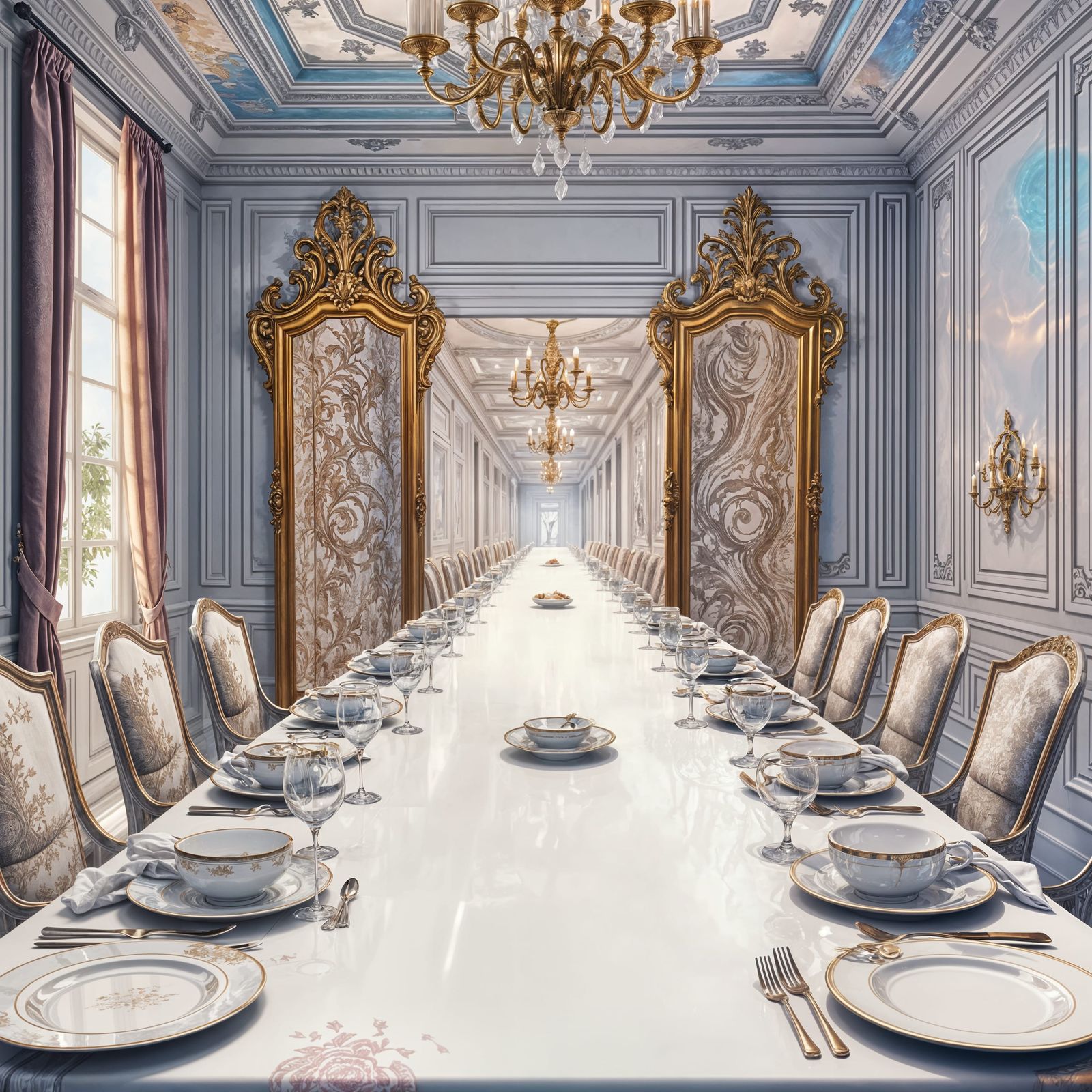 Symmetrical Reflections in a Luxurious Dining Setting