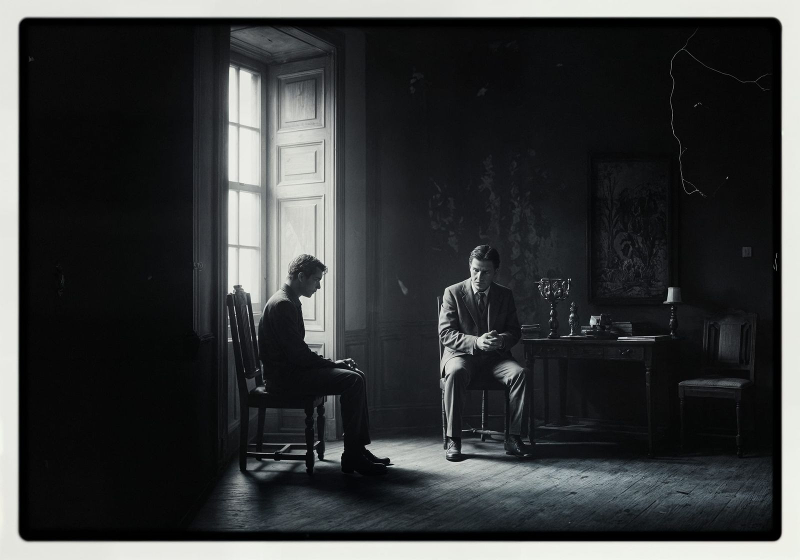 Nostalgic Figure in Antique Room with Chiaroscuro Lighting