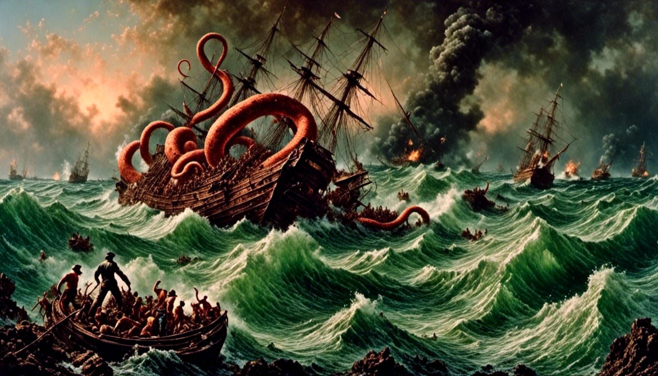Kraken devouring ships