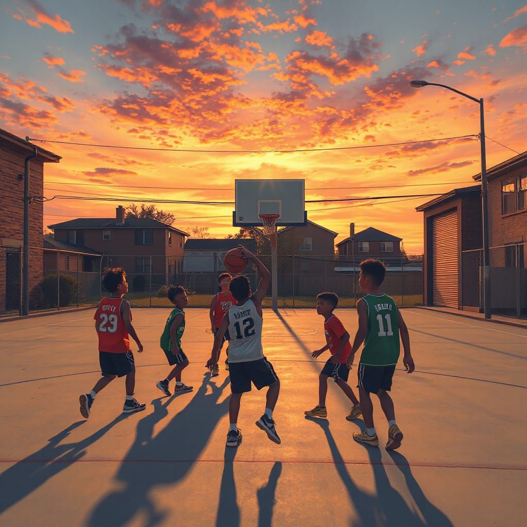 Basketball Game at Sunset in City Neighborhood