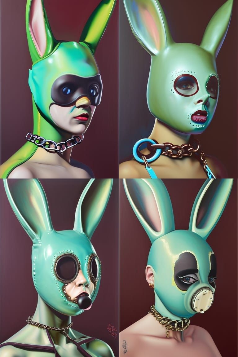 Girl in Latex Bunny Mask: Street Art Oil Painting