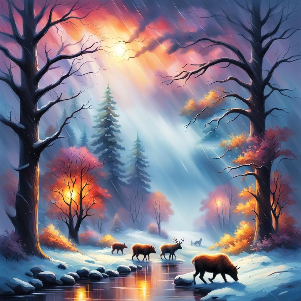 Winter Landscape with Animals in Digital Painting Style