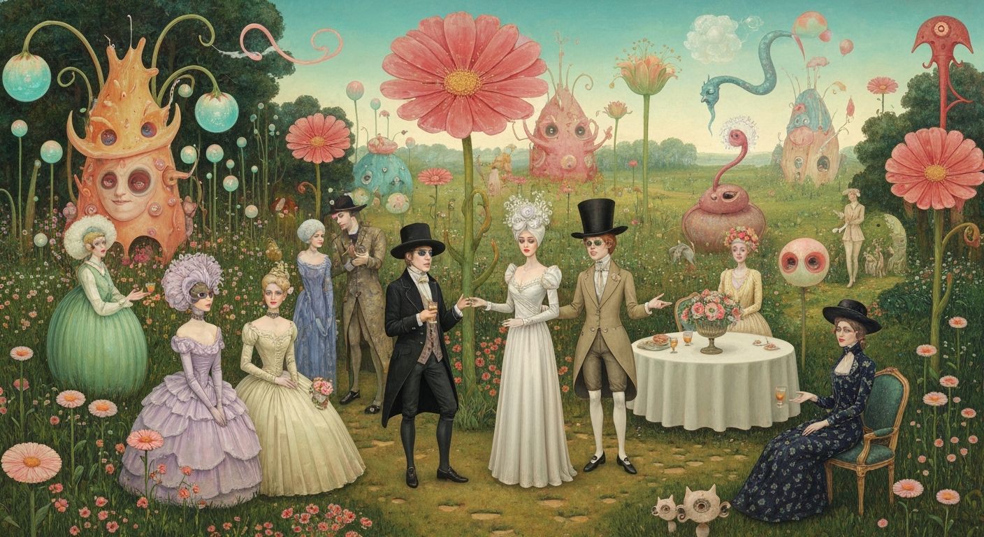 Surreal Garden Party in a Fantasy Landscape
