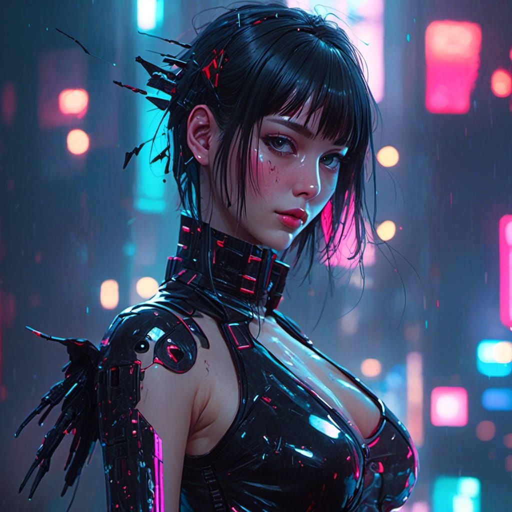 Cyberpunk Goth Woman in Neon Cityscape