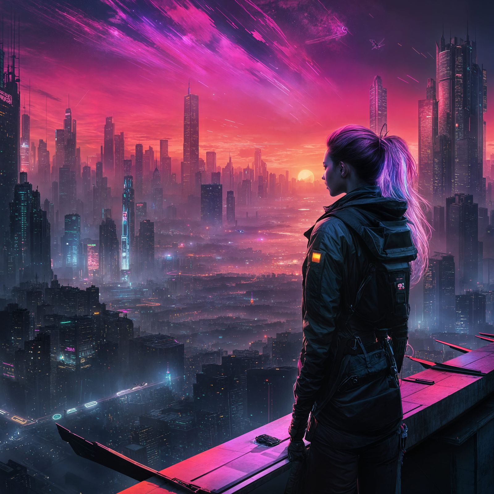 Cyberpunk Girl Overlooking Neon Cityscape