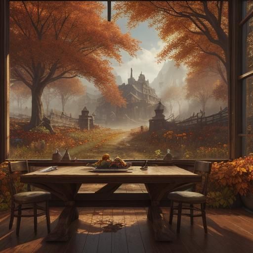 Ornate Autumn Harvest Table in Fantasy Landscape