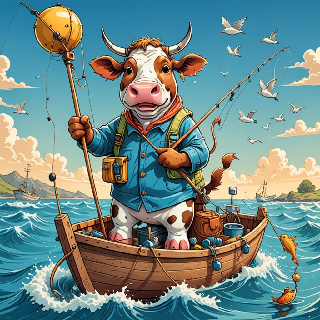 Cow on a Fishing Adventure in a Vibrant Ocean Scene