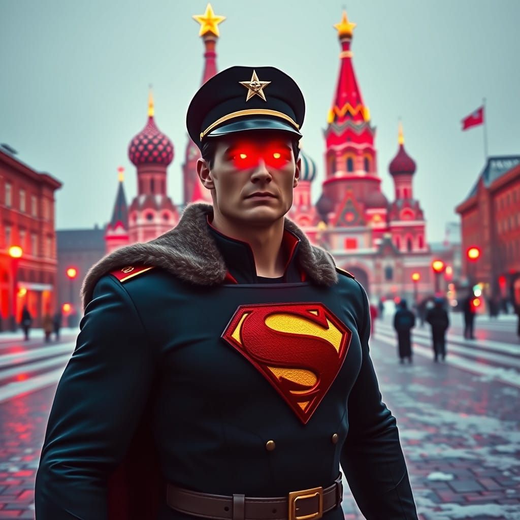 Soviet Superman Dominates Moscow's Red Square with Fiery Red...
