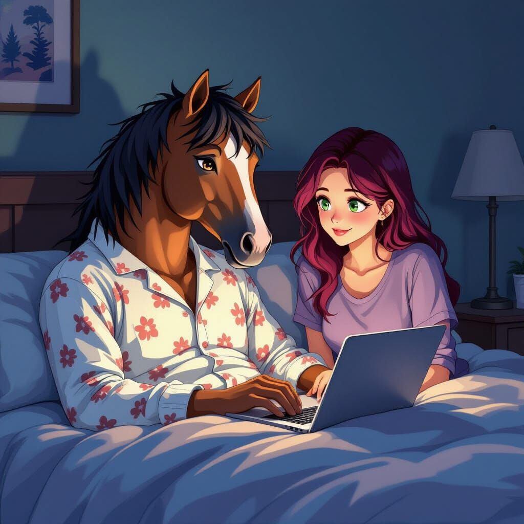 Mystical Horse-Headed Man in Bed, Manga Style