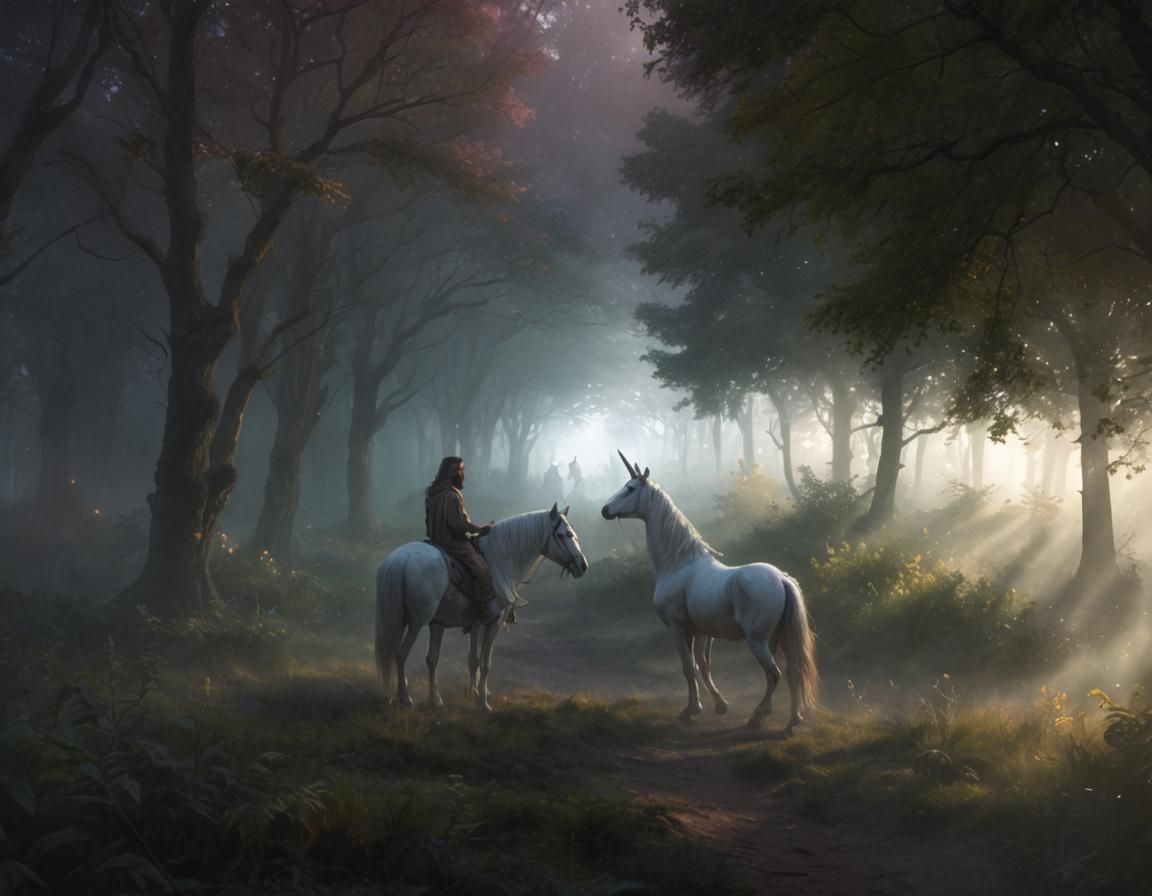Jesus and Unicorn Ride Through Misty Forest