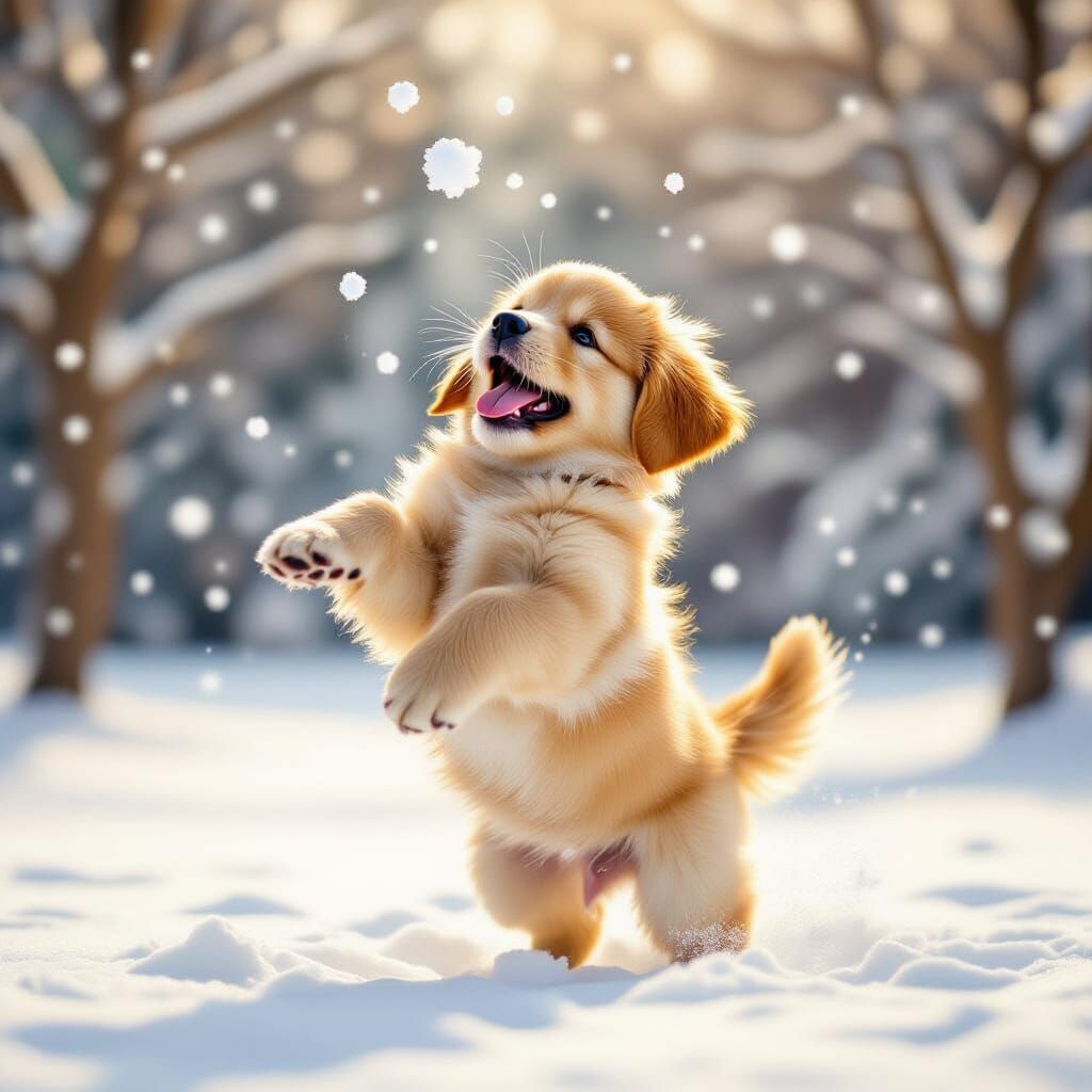 Golden Retriever Puppy Chasing Snowflakes in Winter Wonderla...