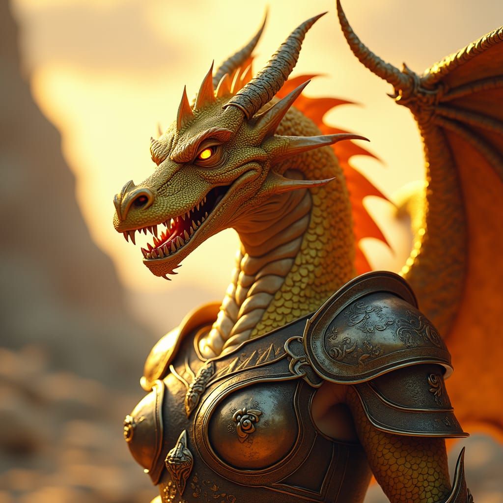 Golden Dragonborn Warrior in Sunlight, Digital Matte Paintin...