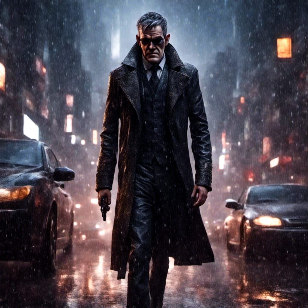 Medium shot of <lora:My Face:1.0> sci-fi protagonist in a matrix styled city on a rainy evening. <lora:Kyoot:1.0> <lora:...