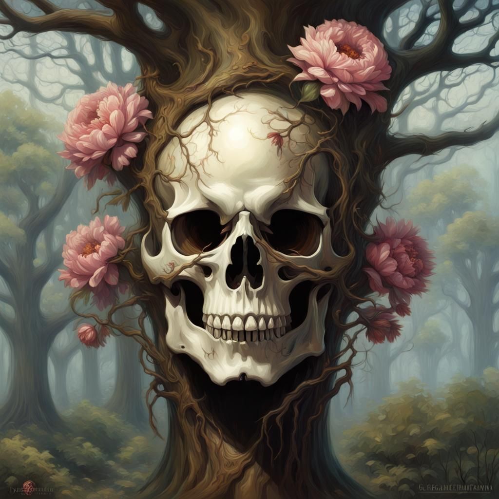 Punk Rock Tree Skull with Flowers in Dark Fantasy Art