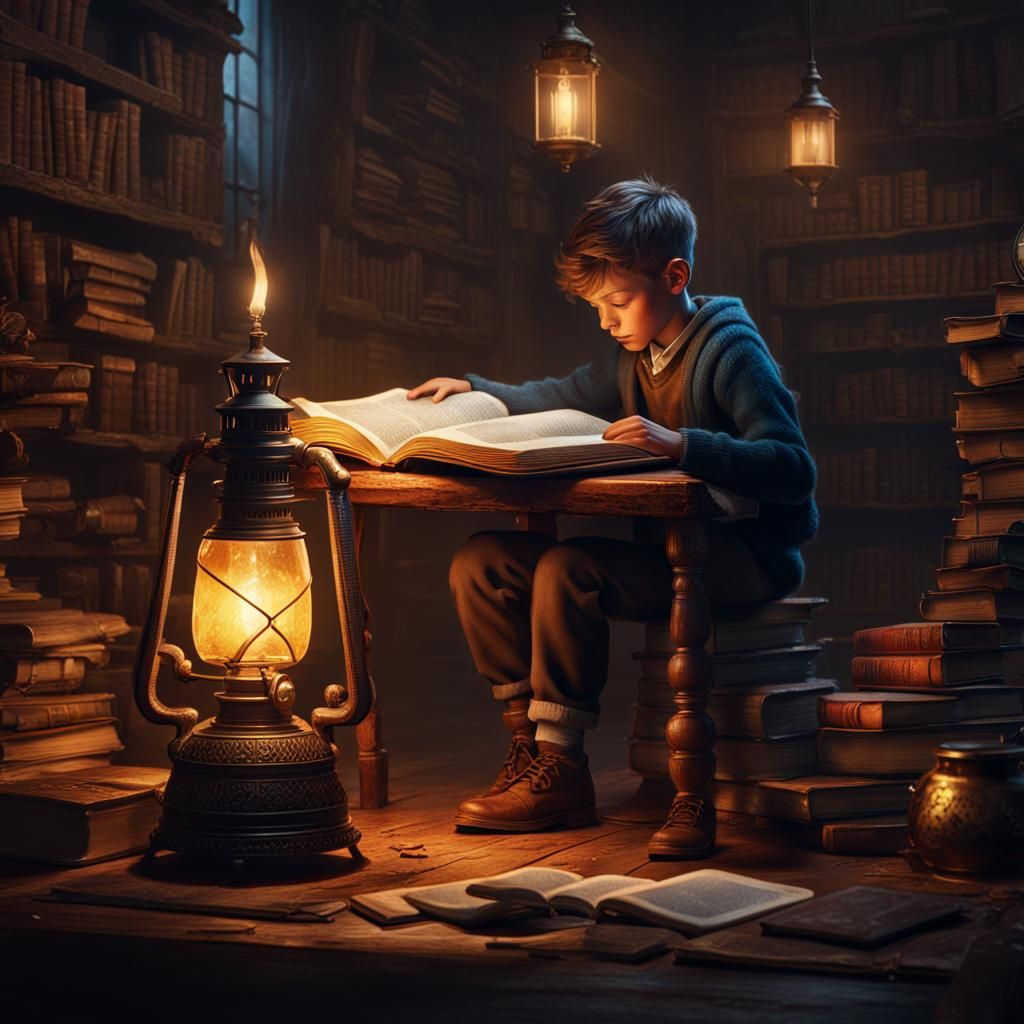 Boy Reading by Kerosene Lamp: Fantasy Concept Art