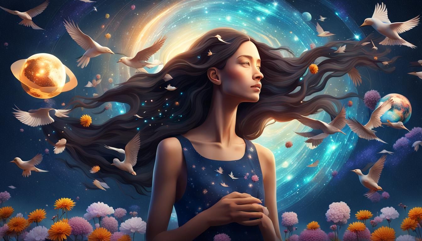 Woman Holding Galaxy in Universe with Birds and Flowers
