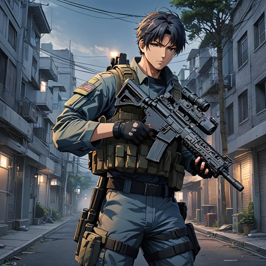 Anime Character in Special Forces Uniform with Laser Rifle