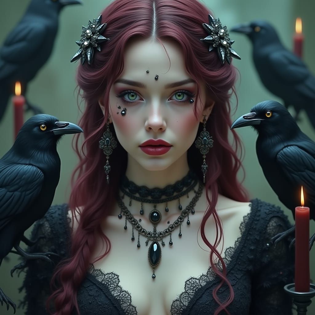 Gothic Woman Portrait with Crows and Dark Candles