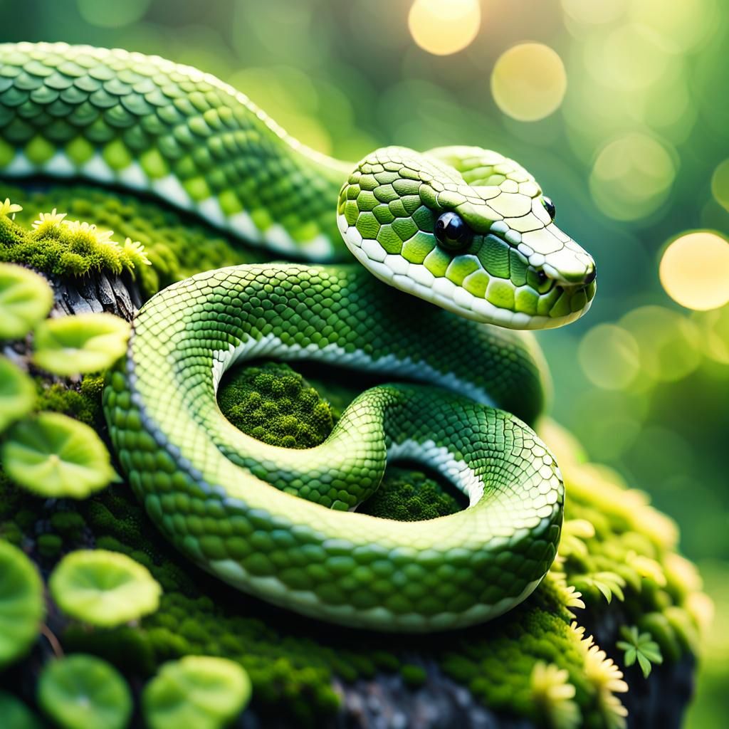 Adorable Moss Snake in Lush Forest: Digital Art