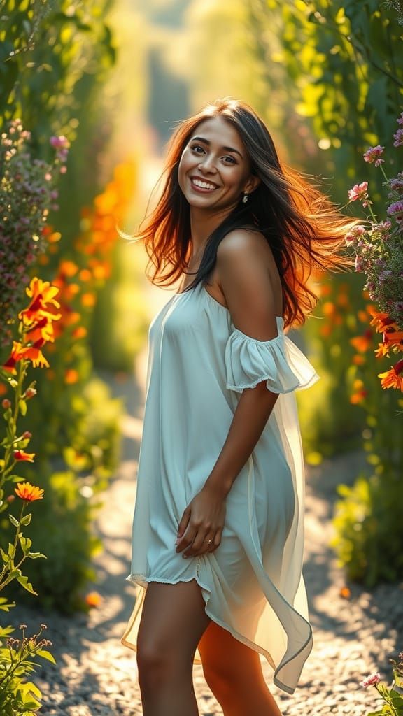 Whimsical Woman in Sunlit Garden